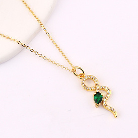 Stylish Snake Pendant Necklace with Green Diamond and Rhinestones for Women