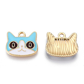 Light Gold Plated Alloy Kitten Pendants, with Enamel, Cat Head Shape