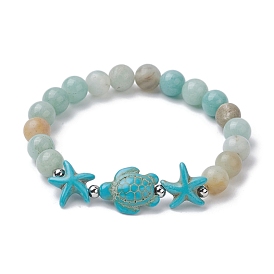 Dyed Synthetic Turquoise Turtle and Starfish Beaded Bracelets, with Natural Flower Amazonite Round Beads