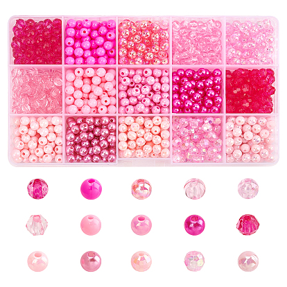 1050Pcs 15 Style Pink Series Round Transparent Plastic & Imitation Pearl Acrylic Beads
