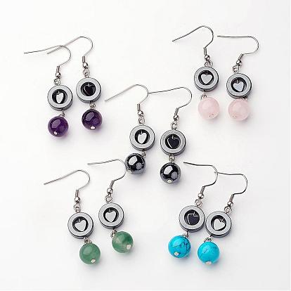 Non-magnétiques perles synthétiques hématite balancent boucle d'oreille, avec des perles de pierres précieuses et 304 en acier inoxydable boucle d'oreille crochets, 50 mm, broches: 0.8 mm