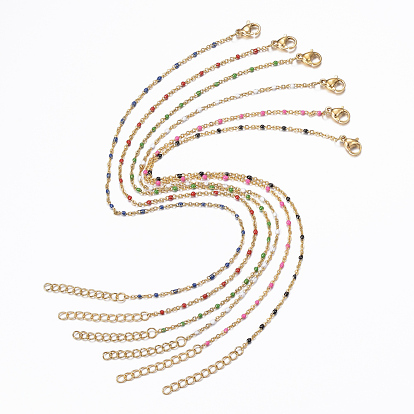 304 Stainless Steel Cable Chain Anklets, with Enamel Links, Golden