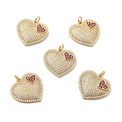 Brass Micro Pave Cubic Zirconia Pendants, with Jump Ring, Real 18K Gold Plated, Long-Lasting Plated, Lead Free & Cadmium Free & Nickel Free, Heart