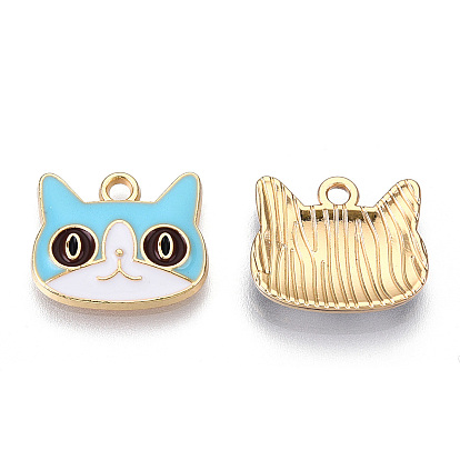 Light Gold Plated Alloy Kitten Pendants, with Enamel, Cat Head Shape