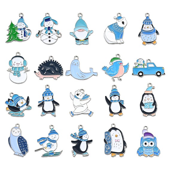 40Pcs 20 Styles Winter Theme Zinc Alloy Enamel Pendants, Platinum