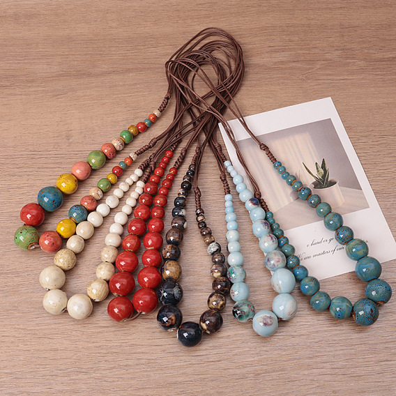 Ожерелья из вощеного шнура с круглыми бусинами в этническом стиле для женщин