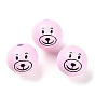 Spray Painted Natural Wood European Beads, Large Hole Beads, Round with Printed Bear
