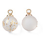 Transparent Spray Painted Glass Pendants, with Light Gold Plated Brass Loop, Frosted, with Glitter Powder, Round
