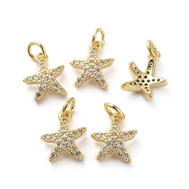 Brass Micro Pave Cubic Zirconia Pendants, for DIY Jewelry Making, with Jump Rings, Starfish/Sea Stars