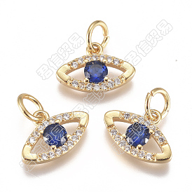 20pcs breloques en laiton micro pavé de zircone cubique, avec anneau de saut, plaqué longue durée, oeil, bleu