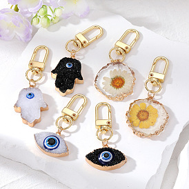 Resin Demon Eye Keychain with Fatima Hand and Turkish Blue Evil Eye Pendant, Dried Flower Jewelry