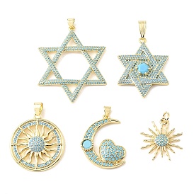 Colgantes de circonita cúbica azul cielo con micro pavé de latón, amuletos de estrella/sol/luna, chapado en rack, larga duración plateado, sin plomo y cadmio