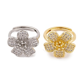 Brass Micro Pave Cubic Zirconia Rings, Flower Adjustable Ring for Women, Lead Free & Cadmium Free