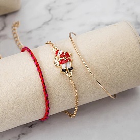 Christmas Charm Bracelet Set with Red Lucky Rope and Minimalist Bangle - Festive Holiday Jewelry Collection