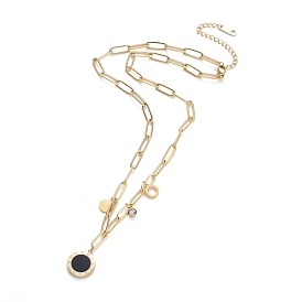 304 Stainless Steel Pendant Necklaces, with Paperclip Chains, Resin and Clear Cubic Zirconia, Flat Round with Roman Numerals