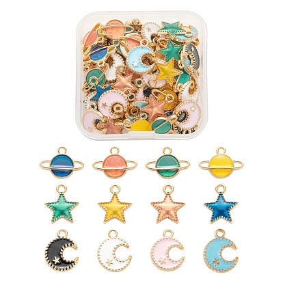 72Pcs Alloy Enamel Pendants, Planet & Star & Moon & Star, Light Gold