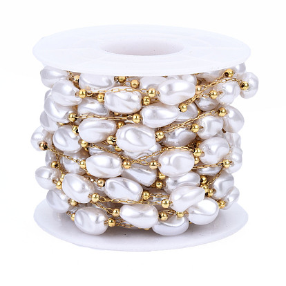 ABS Plastic Pearl Beaded Chains, with Golden 316 Stainless Steel Paperclip Chains, Soldered, with Spool