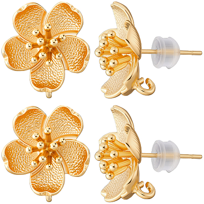 4 пара латунных сережек-гвоздиков, с петлей, цветок, с 8 силиконовыми ушными гайками
