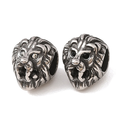 316 perles européennes chirurgicales en acier inoxydable, avec strass, Perles avec un grand trou   , tête de lion, argent antique