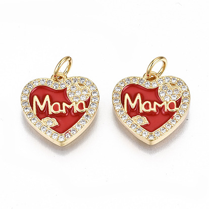 Real 16K Gold Plated Brass Micro Pave Clear Cubic Zirconia Charms, with Jump Rings and Enamel, for Mother's Day, Nickel Free, Heart with Word MaMa