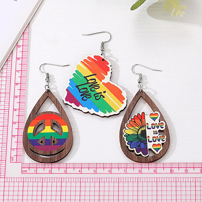 Retro Water Drop Wood Earrings Personalized Simple Geometric Hollow Rainbow Heart Earrings