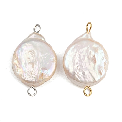 Плоские круглые подвески-соединители из натурального пресноводного жемчуга Кеши, с 304 двойными петлями из нержавеющей стали, белые