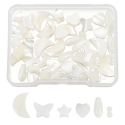 60Pcs 6 Style Natural Trochid Shell/Trochus Shell Beads, Bleach, Heart & Star & Teardrop & Moon & Butterfly & Oval