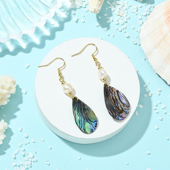 Natural Abalone Shell/Paua Shell Dangle Earrings, Teardrop, Natural Cultured Freshwater Pearl Beads & 304 Stainless Steel Dangle Earrings