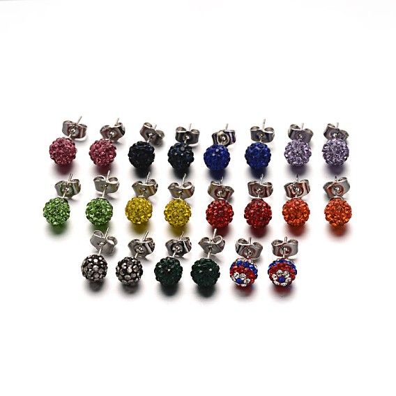 Polymer Clay Rhinestone Ball Stud Earrings, with Stainless Steel Stud Earring Findings, Stainless Steel Color, 8mm, Pin: 0.8mm