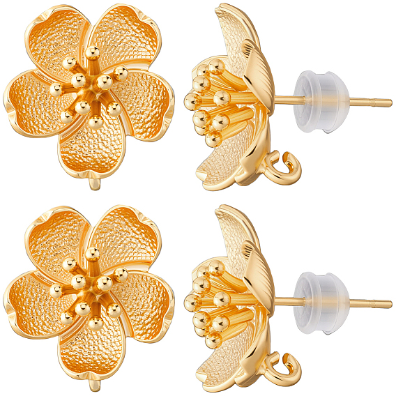 4 пара латунных сережек-гвоздиков, с петлей, цветок, с 8 силиконовыми ушными гайками