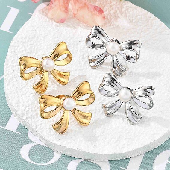 304 из нержавеющей стали серьги, с бисером пресноводного жемчуга, бантом, ионное покрытие (ip)