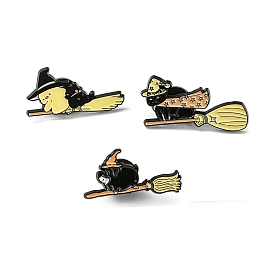 Animal Magician on the Broom Enamel Pins, Black Alloy Brooches for Backpack Clothes, Duck/Cat/Pig