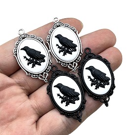 Tibetan Style Alloy Enamel Pendants, Oval with Raven Charm