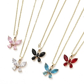 Butterfly Glass Pendant Necklaces, with Light Gold Brass Cable Chains