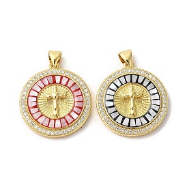 Flat Round with Cross Brass Micro Pave Cubic Zirconia Pendants, with Enamel & Shell, Long-Lasting Plated, Lead Free & Cadmium Free, Real 18K Gold Plated