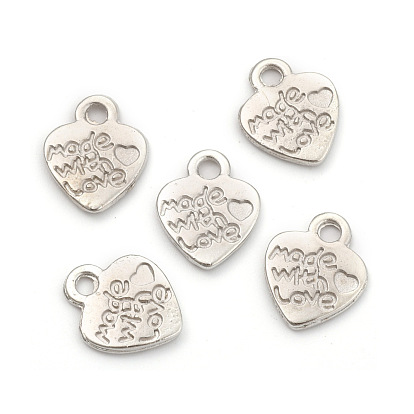 Ideas for Valentines Day Gifts Tibetan Style Alloy Charms, Lead Free and Cadmium Free, Heart with Made with Love, 10mm wide, 12.2mm high, 1.8mm thick, hole: 2mm