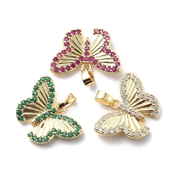 Brass Cubic Zirconia Pendants, Butterfly Charm, Real 18K Gold Plated