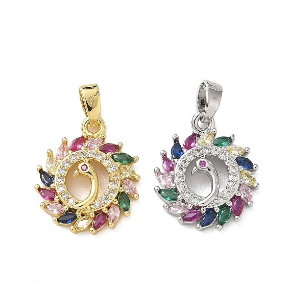 Латунные микро проложить кубического циркония подвески, плоские круглые с павлином