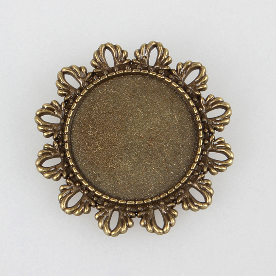Vintage Alloy Brooch Cabochon Bezel Settings, with Iron Pin Brooch Back Bar Findings, Flower, Cadmium Free & Nickel Free & Lead Free, Flat Round Tray: 25mm, 40x2mm, Pin: 0.6mm