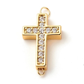 Brass Micro Pave Clear Cubic Zirconia Links Connectors, with Brass Eye Pins, Cross
