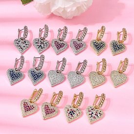 Латунные серьги-кольца с микропаве из кубического циркония, сердце, стойки покрытие, долговечный, без кадмия и без свинца, настоящий 18k позолоченный/платиновый