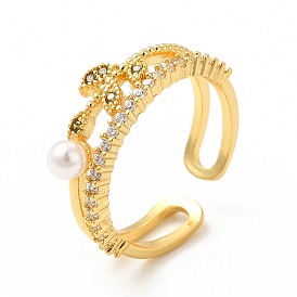 Clear Cubic Zirconia Leaf Open Cuff Ring with Plastic Pearl Beaded, Brass Jewelry for Women, Cadmium Free & Lead Free
