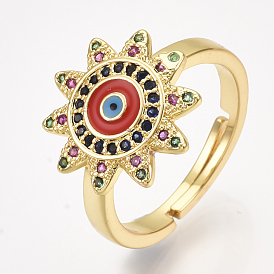 Adjustable Brass Micro Pave Cubic Zirconia Finger Rings, with Enamel, Sun with Eye