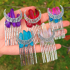 Natural Crystal Quartz Hair Combs, with Metal Finding, for Women, Moon
