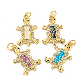 Turtle Brass Pendants Micro Pave Cubic Zirconia with Synthetic Opal, with Jump Rings, Real 18K Gold Plated