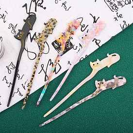 Cute Cat Cellulose Acetate Hair Sticks, with Rhinestones, Hair Accessories for Women & Girls