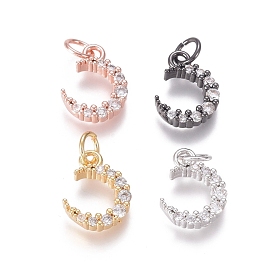Brass Micro Pave Clear Cubic Zirconia Charms, with Jump Rings, Moon