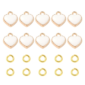 10Pcs Heart Alloy Enamel Charms, Light Gold, with 10Pcs Brass Jump Rings