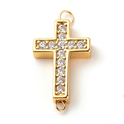Brass Micro Pave Clear Cubic Zirconia Links Connectors, with Brass Eye Pins, Cross