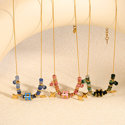 Natural Stone Rondelle Beads and 304 Stainless Steel Enamel Column Star Pendant Necklaces for Women, Golden